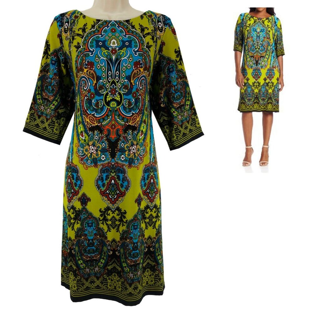 Size 16 XL 1X Paisley Print Knit Shift Dress‎ Classy Career All-Season Plus Size